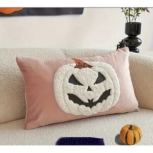 Spooky Pumpkin Jack O'Lantern Embroidery Halloween Throw Pillow Cover Home Decor